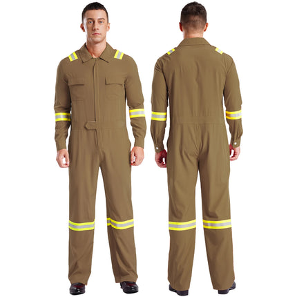 Mens Coveralls High Visibility Reflective Stripes Overalls Turn-Down Collar Long Sleeves Zipper Jumpsuits Work Mechanic Uniform