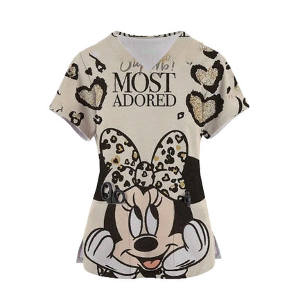Disney Mickey Mouse Print Nurse Medical Uniforms V-neck Short Sleeve Pocket Workwear Top Scrubs Medical Accessories Uniform ﻿-KarWorkwear