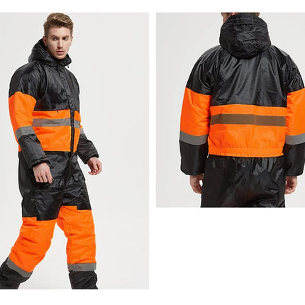 Winter Coveralls Men Waterproof Windproof Reflective Cotton Padded Hooded Coveralls Thicken Thermal Work Uniform Hi Vis Workwear