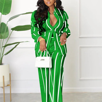 Elegant Work Wear Two Piece Set for Women Matching Sets Striped Print Shirt Top and Wide Leg Pants Office Lady Casual Outfits
