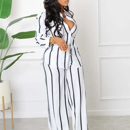 Elegant Work Wear Two Piece Set for Women Matching Sets Striped Print Shirt Top and Wide Leg Pants Office Lady Casual Outfits