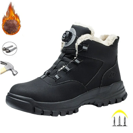 Black Leather Winter Fashion 2023 Rotating Buttons Safety Shoes Men Waterproof Work Boots Men Anti-puncture Protective Footwear-KarWorkwear