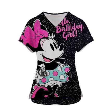 Nurse Uniform Women Disney Minnie Print Short Sleeve Neck Tops Working Uniform Blouse Scrubs Workwear Nursing Working T-shirts-KarWorkwear