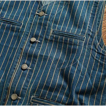 Retro American Striped Workwear Vest Waed Denim Svel Waistcoat Trendy Youth Casual V-ne Four Seasons Outerwear