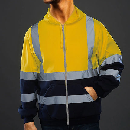 Men Reflective Stripe Hoodie Sweatshirt Long Sleeve Fitting Zipper Hooded Pullover Sanitation Workers Work Clothes Sweatshirt