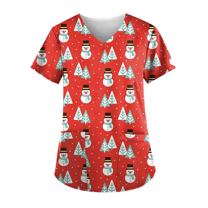 Women Nurse Uniform Christmas Thanksgiving 3d Print V-Neck Pocket Medical Uniforms Cartoon Nursing Scrubs Short Sleeve Pocket Lo-KarWorkwear