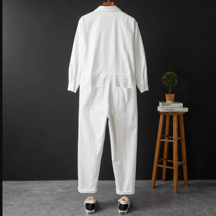 Spring Men Jumpsuits Long Sleeve Multi-pocket Beam Feet Overalls Streetwear Clothing Cargo Pants Hip Hop White Coverall Trousers