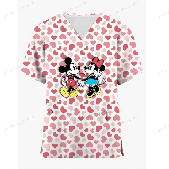 Miniso Disney Mickey Mouse 3DPrint Nurse Medical Uniforms V-neck Short Sleeve Pocket Workwear Scrubs Medical Accessories Uniform-KarWorkwear