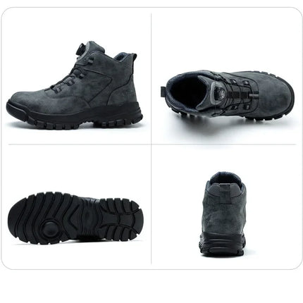Black Leather Winter Fashion 2023 Rotating Buttons Safety Shoes Men Waterproof Work Boots Men Anti-puncture Protective Footwear-KarWorkwear