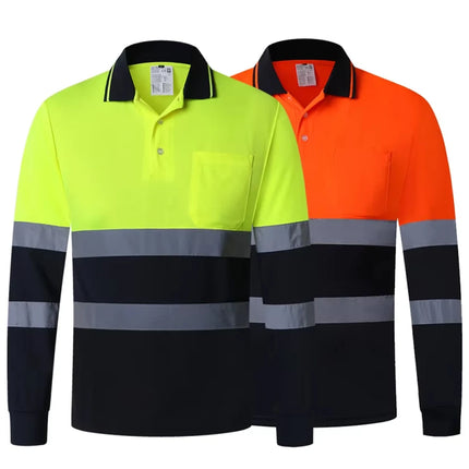Hi Vis Workwear Shirts for Men Construction Fluorescent Yellow Navy Long Sleeve Reflective Polo Safety Work Shirt