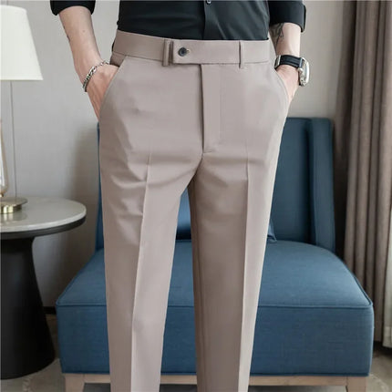 2025 Summer Thin White Elastic Nine Cent Suit Pants for Men,gray Blue Four-side Elastic Comfortable Drape Men's Casual Trousers