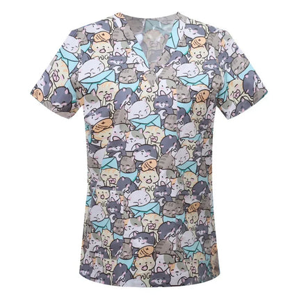 Pet Clinic Vet Work Uniforms Women Nurse Accessories Animal Printed Hospital Doctor Nursing T-Shirt Medical Scrubs Clothes Tops-KarWorkwear
