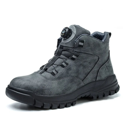 Black Leather Winter Fashion 2023 Rotating Buttons Safety Shoes Men Waterproof Work Boots Men Anti-puncture Protective Footwear-KarWorkwear