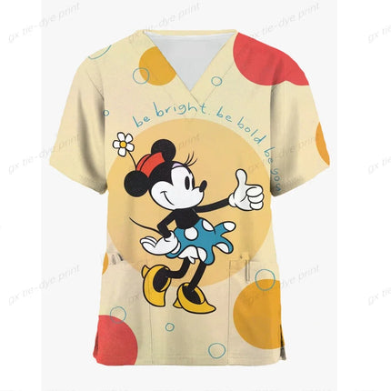 Miniso Disney Mickey Mouse 3DPrint Nurse Medical Uniforms V-neck Short Sleeve Pocket Workwear Scrubs Medical Accessories Uniform-KarWorkwear