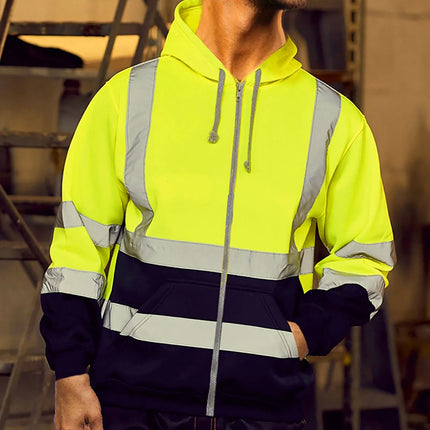 Men Reflective Stripe Hoodie Sweatshirt Long Sleeve Fitting Zipper Hooded Pullover Sanitation Workers Work Clothes Sweatshirt