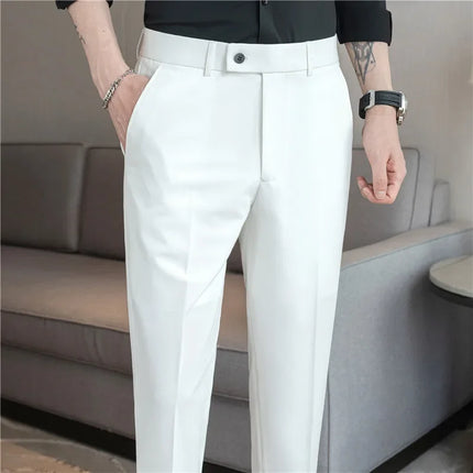 2025 Summer Thin White Elastic Nine Cent Suit Pants for Men,gray Blue Four-side Elastic Comfortable Drape Men's Casual Trousers