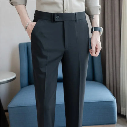 2025 Summer Thin White Elastic Nine Cent Suit Pants for Men,gray Blue Four-side Elastic Comfortable Drape Men's Casual Trousers