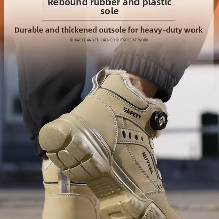 Fleece-lined Work Men's Safety Shoes Winter Steel Toe Rotation Button Thickened Warm Woman Anti-smashing Security Boots Protect