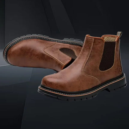 Anti Puncture Waterproof Steel Toe Safety Boots Leather Work High-heeled Leather Shoes Christmas Gift  Brown Protective Shoe