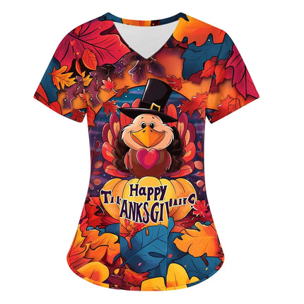 Women Nurse Uniform Christmas Thanksgiving 3d Print V-Neck Pocket Medical Uniforms Cartoon Nursing Scrubs Short Sleeve Pocket Lo-KarWorkwear