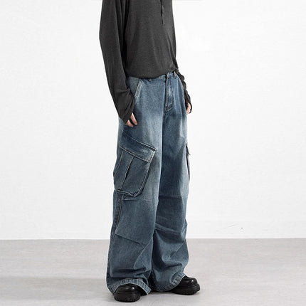 2025 autumn street multi pocket workwear unisex jeans for men and women fashion Y2K trend loose wide leg pants