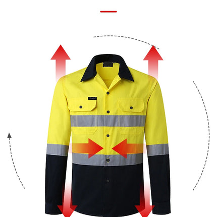 Miner Hi Vis Button Work Shirt for Men Reflective Yellow and Navy Blue Two Tone Safety Cotton Shirt