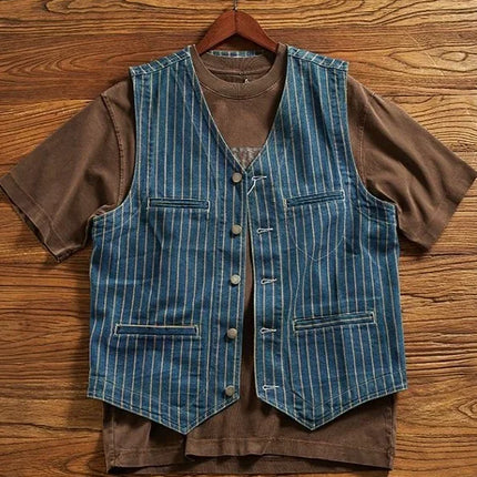 Retro American Striped Workwear Vest Waed Denim Svel Waistcoat Trendy Youth Casual V-ne Four Seasons Outerwear
