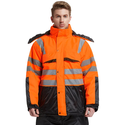 Winter Coveralls Men Waterproof Windproof Reflective Cotton Padded Hooded Coveralls Thicken Thermal Work Uniform Hi Vis Workwear