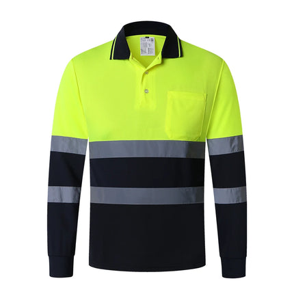 ANSI Class 2 Hi Vis Shirts Yellow Navy Long Sleeve Reflective Polo Shirt Safety Work Shirt for Construction Men
