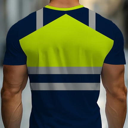 Men's 3D Digital Printed Workwear T-Shirt Yellow and Navy Contrast Design Breathable Fit Casual Shirt for Work and Daily Wear
