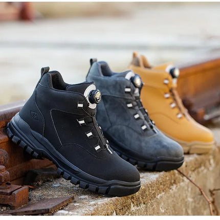 Black Leather Winter Fashion 2023 Rotating Buttons Safety Shoes Men Waterproof Work Boots Men Anti-puncture Protective Footwear-KarWorkwear