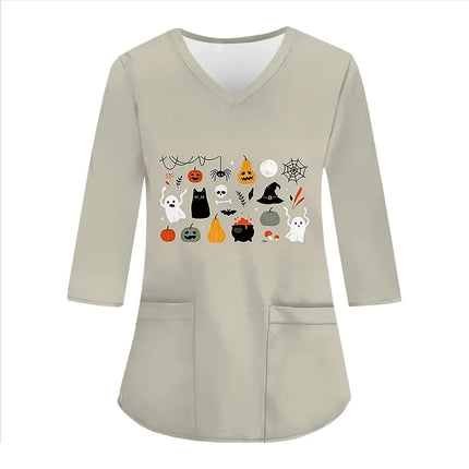 Women Halloween Funny Tee Tops Uniform Woman Prints V-Neck 3/4 Sleeve Pockets Nursing Scrubs Uniform Beauty Salon hospital Clini-KarWorkwear