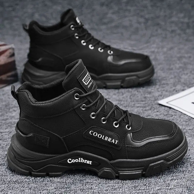 2024 new Men's High Top Boots Trendy Black Motorcycle Boots Outdoor Warm Platform Boots Men Lace-up Leather Boots Bota Masculina-KarWorkwear