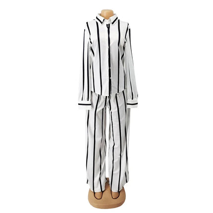 Elegant Work Wear Two Piece Set for Women Matching Sets Striped Print Shirt Top and Wide Leg Pants Office Lady Casual Outfits