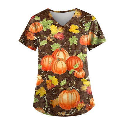 Christmas Medical Scrubs For Women Short Sleeve Pumpkin Face Print with Short Sleeve Pocket V Neck Costumes Wicked Funny Working-KarWorkwear
