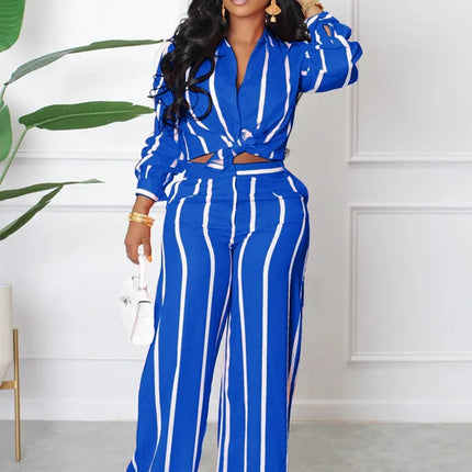 Elegant Work Wear Two Piece Set for Women Matching Sets Striped Print Shirt Top and Wide Leg Pants Office Lady Casual Outfits