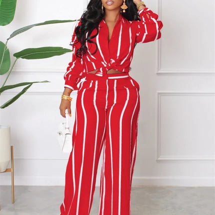 Elegant Work Wear Two Piece Set for Women Matching Sets Striped Print Shirt Top and Wide Leg Pants Office Lady Casual Outfits