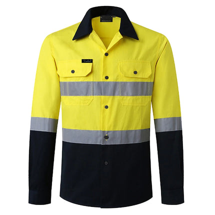Miner Hi Vis Button Work Shirt for Men Reflective Yellow and Navy Blue Two Tone Safety Cotton Shirt