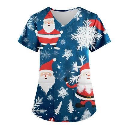 Christmas Nurse Scrubs Tops Women Medical Uniform Santa Claus Print V-Neck Nurse Uniform Hospital Healthcare Spa T-Shirt Blouse-KarWorkwear