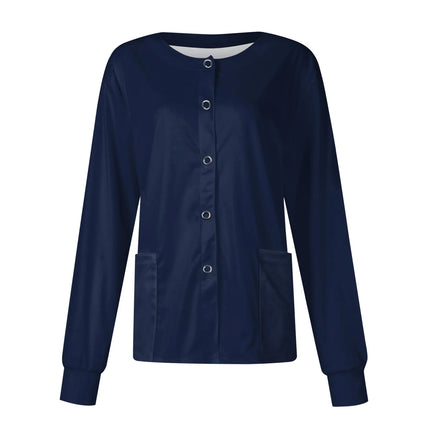 Women Long Sleeve Nurse Uniforms with Pockets Causal Round Collar Solid Single-Breasted Protective Overalls Cardigan Jackets Top