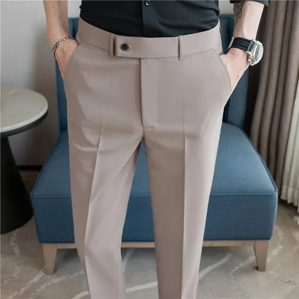 2025 Summer Thin White Elastic Nine Cent Suit Pants for Men,gray Blue Four-side Elastic Comfortable Drape Men's Casual Trousers