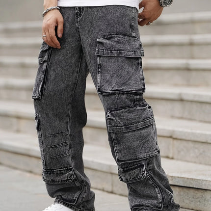 Fashionable men's denim trousers, washed workwear trousers, multi-pocket function for outdoor wear.