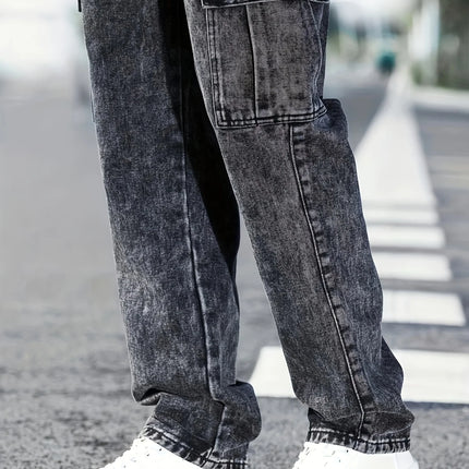 Fashionable men's denim trousers, washed workwear trousers