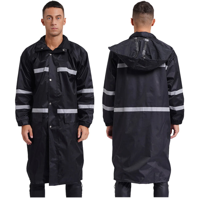 Adult Solid Color Raincoat Long Sleeve Hooded Reflective Stripe Jacket Traffic Office/Firefighter Work Uniform Emergency Poncho-KarWorkwear