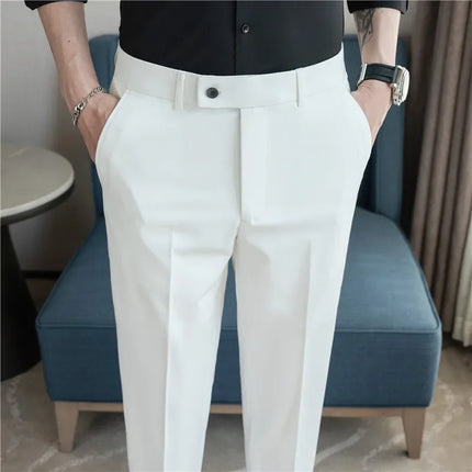 2025 Summer Thin White Elastic Nine Cent Suit Pants for Men,gray Blue Four-side Elastic Comfortable Drape Men's Casual Trousers