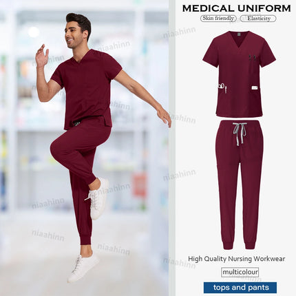 Niaahinn Medical Scrubs Uniform Nursing Articles Surgical Uniforms Woman V-neck Short Sleeved Tops Joggers Pants Sets Mens Scrub