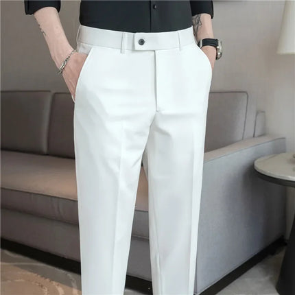 2025 Summer Thin White Elastic Nine Cent Suit Pants for Men,gray Blue Four-side Elastic Comfortable Drape Men's Casual Trousers