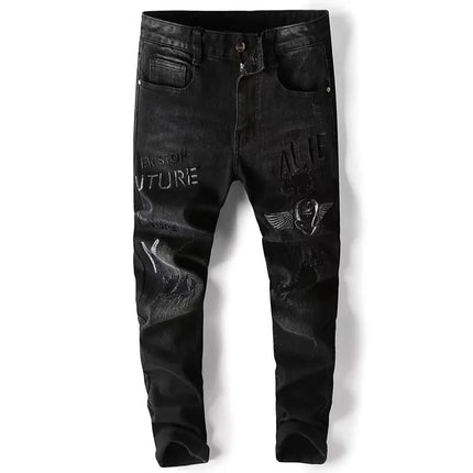 High End Stylish Classic Distinctive Printed Black Stretch Denim Jeans for Men High Quality Slim Fit Stretch Luxury Denim Pants