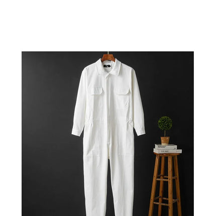 Spring Men Jumpsuits Long Sleeve Multi-pocket Beam Feet Overalls Streetwear Clothing Cargo Pants Hip Hop White Coverall Trousers