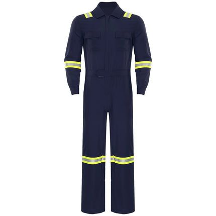 Mens Coveralls High Visibility Reflective Stripes Overalls Turn-Down Collar Long Sleeves Zipper Jumpsuits Work Mechanic Uniform